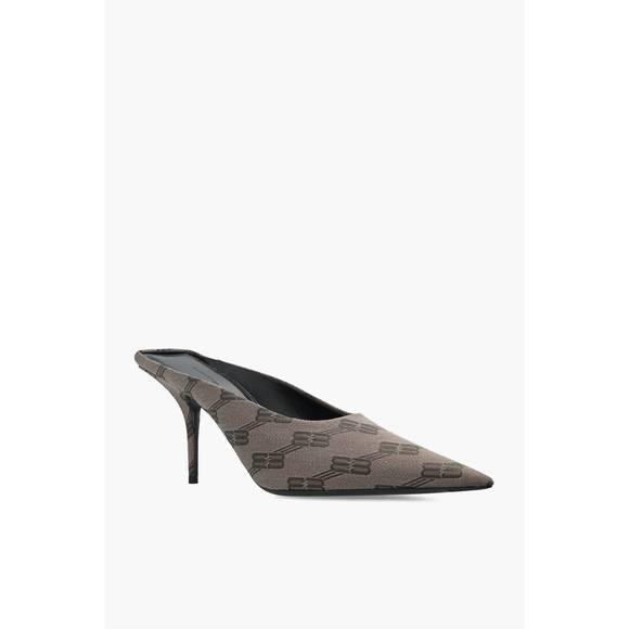 NEW BALENCIAGA stiletto mules with logo in dark mink grey/brown - Picture 2 of 5
